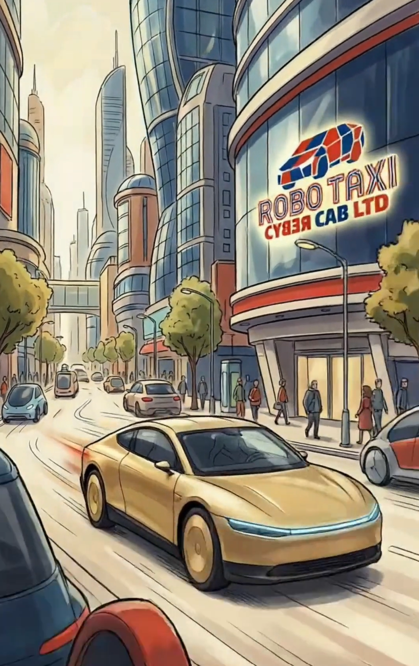 Illustration of a future city street with a RoboCab Cyber Cab Ltd sign and autonomous vehicles